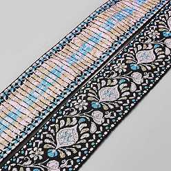 Deep-Sky-blau Blumenmusterstickerei im ethnischen Stil, Polyesterbänder, Jacquardband, Bekleidungszubehör, Deep-Sky-blau, 1-7/8 Zoll (49 mm), ca. 1.8~2 Yards / Rolle