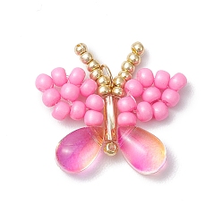 Ярко-Розовый Подвески-бабочки из стеклянного бисера ручной работы, с 304 кольцами из нержавеющей стали и стеклом, ярко-розовый, 19~20.5x21~23.5x5 мм, отверстие : 3 мм