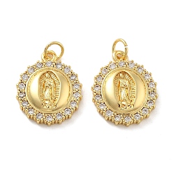 Настоящее золото 18K Латунные микро проложить кубического циркония подвески, плоские круглые с Девой Марией, без свинца и без кадмия, долговечный, стойки покрытие, с целью перехода в кольце, реальный 18 k позолоченный, 19.5x15.5x3.5 мм, отверстие : 3 мм