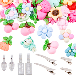 Platin Farbe DIY Alligator Haarspangen Kits, einschließlich 60pcs Harz-Cabochons, 24 Stück flache, aufklebbare Ösen aus einer Legierung und 24 Stück Haarspangenverschlüsse aus Eisen mit Alligatorverschluss, Platin Farbe, 24x9x9 mm
