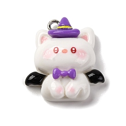 Cat Shape Подвески из непрозрачной смолы на тему хэллоуина, с платиновыми железными петлями, форма кошки, 24x22x8 мм, отверстие : 2 мм