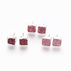 Темно-Красный Серьги-гвоздики из натурального окрашенного кварца, с 304 фурнитурой из нержавеющей стали, квадратный, серебряные, темно-красный, 10x10x6~10 мм , штифт: 0.7 мм