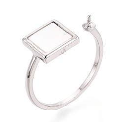 Платина Квадратные латунные и ракушечные колышки для колец, регулируемые настройки колец для полупросверленных бусин, без кадмия, без никеля и без свинца, платина, 9 мм, внутренний диаметр: 17 мм, штифты : 0.6~0.8 мм