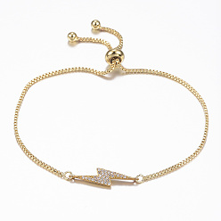 Golden Adjustable Brass Micro Pave Cubic Zirconia Flash Slider Bracelets, Bolo Bracelets, Lightning Bolt, Golden, 10-1/4 inch(260mm), 1.2mm