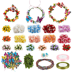 Mixed Color 16Pcs Cloth Artificial Carnations Flower Bouquet, for Wedding Home Decoration, with Single Face Satin Ribbon, Foam Berry Vine and Leaf Polyester Lace Trim Ribbon, Mixed Color, 100x72x15.5mm