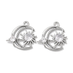 Real Platinum Plated Brass Pendants, with Clear Glass, Moon & Sun Charms, Real Platinum Plated, 15.5x14.5x3.3mm, Hole: 1.4mm