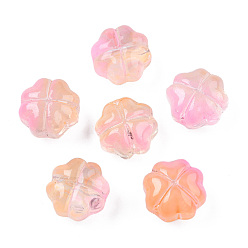 Pink Transparent Spray Painted Glass Beads, Two Tone, Clover, Pink, 11.5x11.5x7.5mm, Hole: 1mm