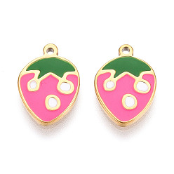 Ярко-Розовый 304 нержавеющей стальной эмали подвески, клубника, ионное покрытие (ip), реальный 18 k позолоченный, ярко-розовый, 16x11x1.5 мм, отверстие : 1.2 мм