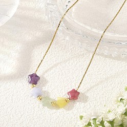 Star Natural & Synthetic Mixed Gemstone Beaded Pendant 304 Stainless Steel Boston Link Chain Necklaces, Golden, Star, 15.94 inch(40.5cm), Star: 7.5x8x4.5mm
