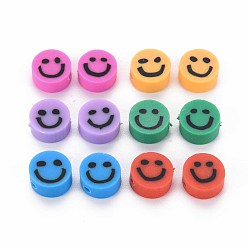 Mixed Color Handmade Polymer Clay Beads, Flat Round with Smiling Face, Mixed Color, 8~9x4mm, Hole: 1.5mm