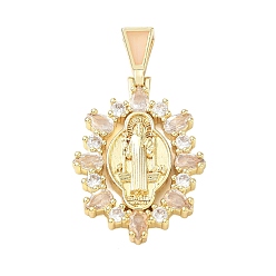 Clear Religion Brass Pave Cubic Zirconia Pendants, with Enamel, Oval with Saint Benedict Charms, Lead Free & Cadmium Free, Long-Lasting Plated, Rack Plating, Real 18K Gold Plated, Clear, 36mm, Pendant: 29x20x4mm, Hole: 5.5x3mm