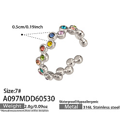 Colorful 316 Stainless Steel Pave Cubic Zirconia Cuff Open Rings, Round, Stainless Steel Color, Colorful, US Size 7(17.3mm)