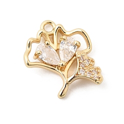 Лист Латунные микропаве прозрачные подвески с фианитом, реальный 14 k позолоченный, подвески из листьев гинкго, 14.5x14.5x3 мм, отверстие : 1.4 мм