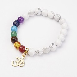 Говлит Howlite бисером браслеты протяжения, драгоценный камень бисером браслеты шарма, со сплавочной фурнитурой, ом символ, 2 дюйм (50~53 мм)