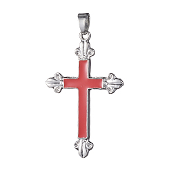 Red Enamel Pendants, with Alloy Findings, Cross, Platinum, Red, 48x30.5x3mm, Hole: 5x6mm