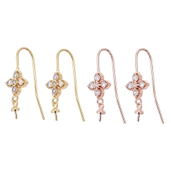 Mixed Color Brass Micro Pave Cubic Zirconia Earring Hooks, for Half Drilled Beads, Long-Lasting Plated, Flower, Clear, Mixed Color, 25mm, 21 Gauge, Pin: 0.7mm