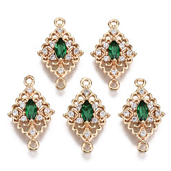 Sea Green Brass Micro Pave Cubic Zirconia Links Connectors, with Glass, Long-Lasting Plated, Rhombus, Light Gold, Sea Green, 20x12x4mm, Hole: 1.2mm