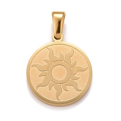 Golden 304 Stainless Steel Pendants, Flat Round with Sun, Golden, 17x15x2mm, Hole: 2.5x5mm
