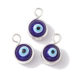 Silver Copper Wire Warpped Handmade Lampwork Pendants, Evil Eye Charms, Silver, 17.5x11x9.5mm, Hole: 3mm