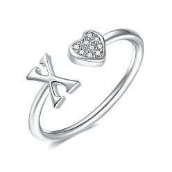 Letter X Регулируемые латунные манжеты со стразами для женщин, Сердце и письмо, платина, Письмо X, внутренний диаметр: 15~20 мм