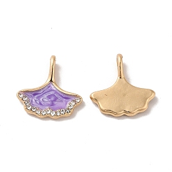 Purple Rack Plating Alloy Rhinestone Pendant, with Enamel, Nickel Free, Gingko Leaf Charms, Golden, Purple, 16.5x16x4.5mm, Hole: 2.2mm