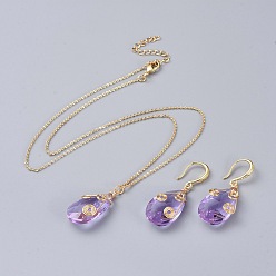 Pourpre Kits de bijoux, pendentifs et boucles d'oreilles dangle, avec pendentifs en verre, Crochets d'oreille en laiton, chaîne de câble en laiton et fermoirs mousqueton, larme, pourpre, 16.5 pouce (42.1 cm), 1.2mm, 39mm, pin: 0.7 mm