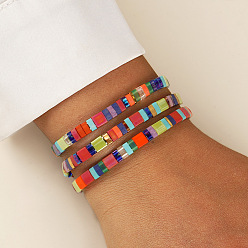 Разноцветный 3шт. винтажные браслеты ручной работы из стеклянных прямоугольных бусин в стиле бохо для женщин, красочный, внутренний диаметр: 6-1/4 дюйм~6-1/2 дюйм(16см~16.5см)