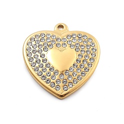 Настоящее золото 18K 304 кулон из нержавеющей стали, со стразами, вакуумное покрытие pvd, сердце, реальный 18 k позолоченный, 26.5x25x3.5 мм, отверстие : 1.8 мм