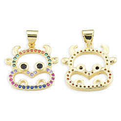 Colorful Brass Micro Pave Cubic Zirconia Pendants, with Brass Snap on Bails, Nickel Free, Real 18K Gold Plated, Cattle Charm, Colorful, 17x17.5x2.5mm, Hole: 3.5x4mm