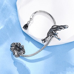 Античное Серебро 316 серьги-манжеты из хирургической нержавеющей стали с черным кубическим цирконием, крыло с цветком, осталось, античное серебро, 56x37x19 мм