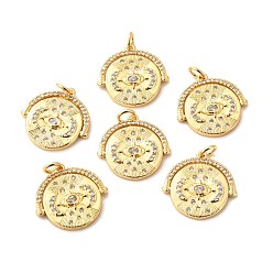 Real 18K Gold Plated Brass Micro Pave Clear Cubic Zirconia Pendants, Long-Lasting Plated, Flat Round with Moon, Real 18K Gold Plated, 19x19x2.5mm, Hole: 3mm, Ring: 5x1mm