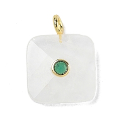 Хрусталь Ограненные подвески из натуральных кристаллов кварца, Квадратные подвески из горного хрусталя с креплением на подставке, латунной фурнитурой с фианитами., золотые, 33~34x25~25.5x7~8 мм, отверстие : 4 мм