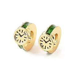 Chapado en Oro Real 18K Relojes latón esmalte cuentas europeas, abalorios de grande agujero, chapado en rack, larga duración plateado, sin plomo y el cadmio, real 18 k chapado en oro, 11x11x7 mm, agujero: 5 mm