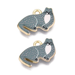 Cadet Blue Printed Alloy Pendants, Rack Plating, Cat Shape Charms, Cadmium Free & Nickel Free & Lead Free, Golden, Cadet Blue, 12x18~19x3.5mm, Hole: 1.8mm