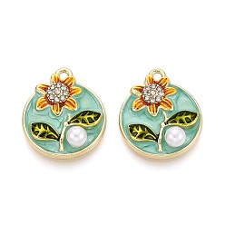 Light Gold Подвески из сплава с покрытием из стразов и эмали, плоские круглые и цветок, с ABS имитации жемчуга, золотой свет, 24x20x6 мм, отверстие : 1.8 мм