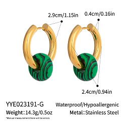 Malachite 304 Stainless Steel Hoop Earrings with Synthetic Malachite Stone, Huggie Earrings for Women, Real 18K Gold Plated, 29x24mm