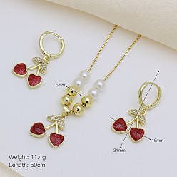 Вишня Комплекты из латунных подвесок и серег-колец с микропаве из кубического циркония, с эмалью, вишня, Серьги: 31x16 mm