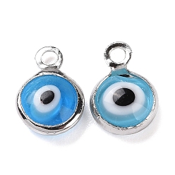 Real Platinum Plated Handmade Evil Eye Lampwork Charms, with Brass Findings, Flat Round, Blue, Real Platinum Plated, 10x6.5x3mm, Hole: 1.5mm