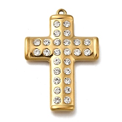 Настоящее золото 18K 304 подвески из нержавеющей стали, со стразами, ионное покрытие (ip), крестик, реальный 18 k позолоченный, 43.5x30x4 мм, отверстие : 1.6 мм