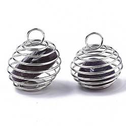 Amethyst Iron Wrap-around Spiral Bead Cage Pendants, with Natural Amethyst Beads inside, Round, Platinum, 21x24~26mm, Hole: 5mm