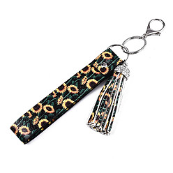 Gold PU Leather Tassel Keychain, with Rhinestone, Plastic, Alloy Lobster Claw Clasps and Iron Split Key Rings, Sunflower Pattern, Platinum, Gold, 22.7cm
