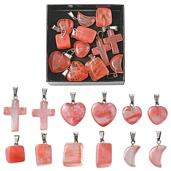 Cherry Quartz Glass 12Pcs 5 Styles Cherry Quartz Glass Pendants, Geometric Charms with Platinum Tone Brass Snap on Bails, Mixed Shapes, 15~35x10~21x5~15mm, Hole: 2~6x4~7.5mm