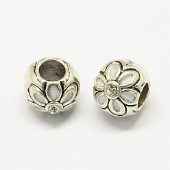 Белый Сплав горный хрусталь эмаль стиль европейские шарики, крупные отверстия круглые бусины с цветком, белые, 10x9 мм, отверстие : 4.5 мм