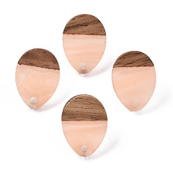 Light Salmon Resin & Walnut Wood Stud Earring Findings, with 304 Stainless Steel Pin, Teardrop, Light Salmon, 17x13mm, Hole: 1.8mm, Pin: 0.7mm