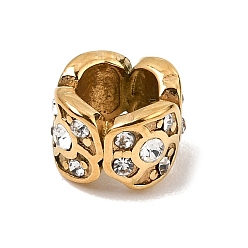 Real 18K Gold Plated 304 Stainless Steel with Crystal Rhinestone Beads, Large Hole Beads, Column with Flower, Real 18K Gold Plated, 11x7.5mm, Hole: 6.5mm