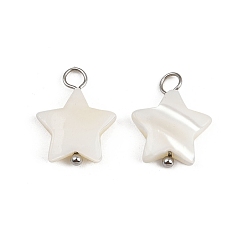 Нержавеющая Сталь Цвет Подвески-звезды из натуральных ракушек, с 304 петлями из нержавеющей стали, цвет морской раковины, цвет нержавеющей стали, 15.5~17.5x12.5~13x3~4 мм, отверстие : 1.8~3 мм