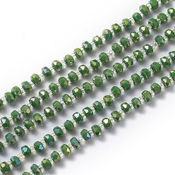 Grün Galvanisieren Glasperlen, facettierte Rondelle, voll Regenbogen plattiert, grün, 4x3 mm, Bohrung: 0.8 mm, 25.20~25.59 Zoll (64~65 cm)