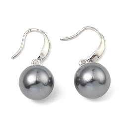 Real Platinum Plated Shell Pearl Round Beaded Dangle Earrings, Rhodium Plated 925 Sterling Silver Earrings, Real Platinum Plated, 29x12~12.5mm