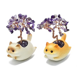 Аметист Украшения из натуральной аметистовой крошки в виде дерева жизни с кошачьими украшениями, с керамической основой разных цветов и медной проволокой, фен-шуй энергетический камень подарок для домашнего офиса украшение рабочего стола, 69~70x43.9x90~97 мм