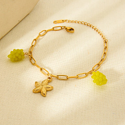 Настоящее золото 18K 304 браслеты с подвесками из нержавеющей стали и смолы, браслеты-цепочки со скрепками для женщин, виноград и морская звезда, реальный 18 k позолоченный, 6-1/4 дюйм (16 см)